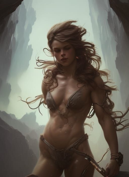 Muscular Heroine in Vivid Fantasy Landscape