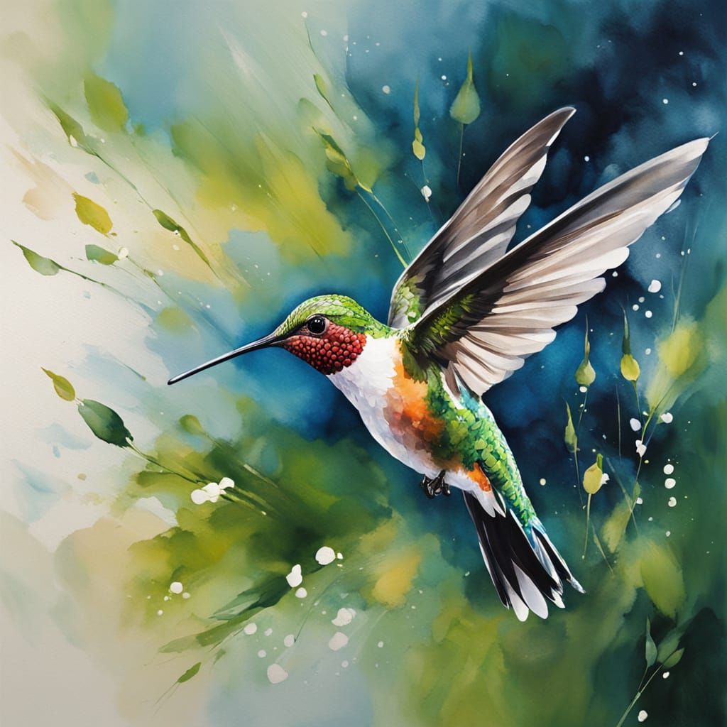Whimsical Watercolour Hummingbird in Dreamy Garden Scene