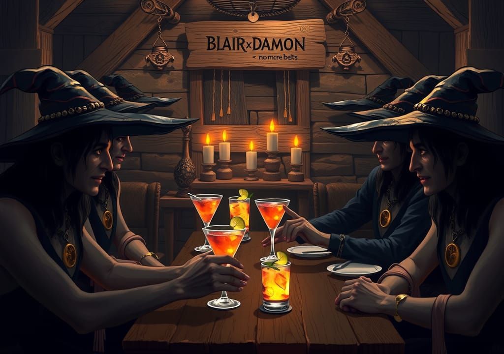 Medieval Tavern Scene with Male Witches in Digital Art