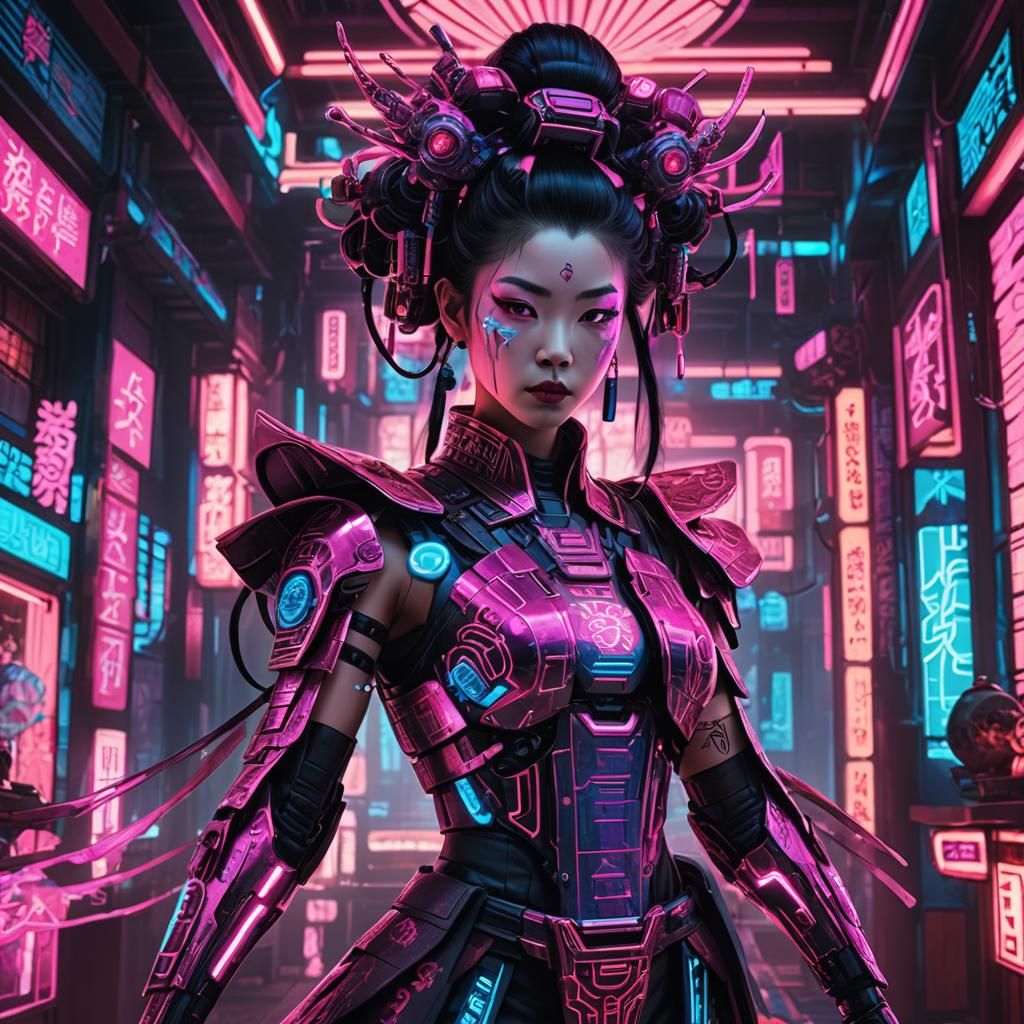 Cyberpunk Geisha Concept Art in Futuristic Temple