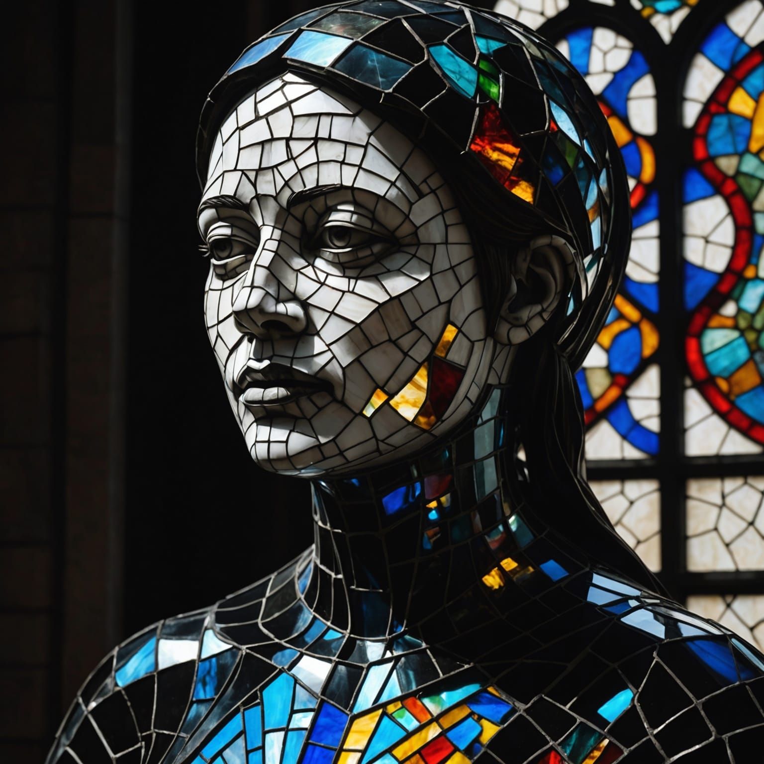 Cracked Marble Sculpture with Stained Glass Details