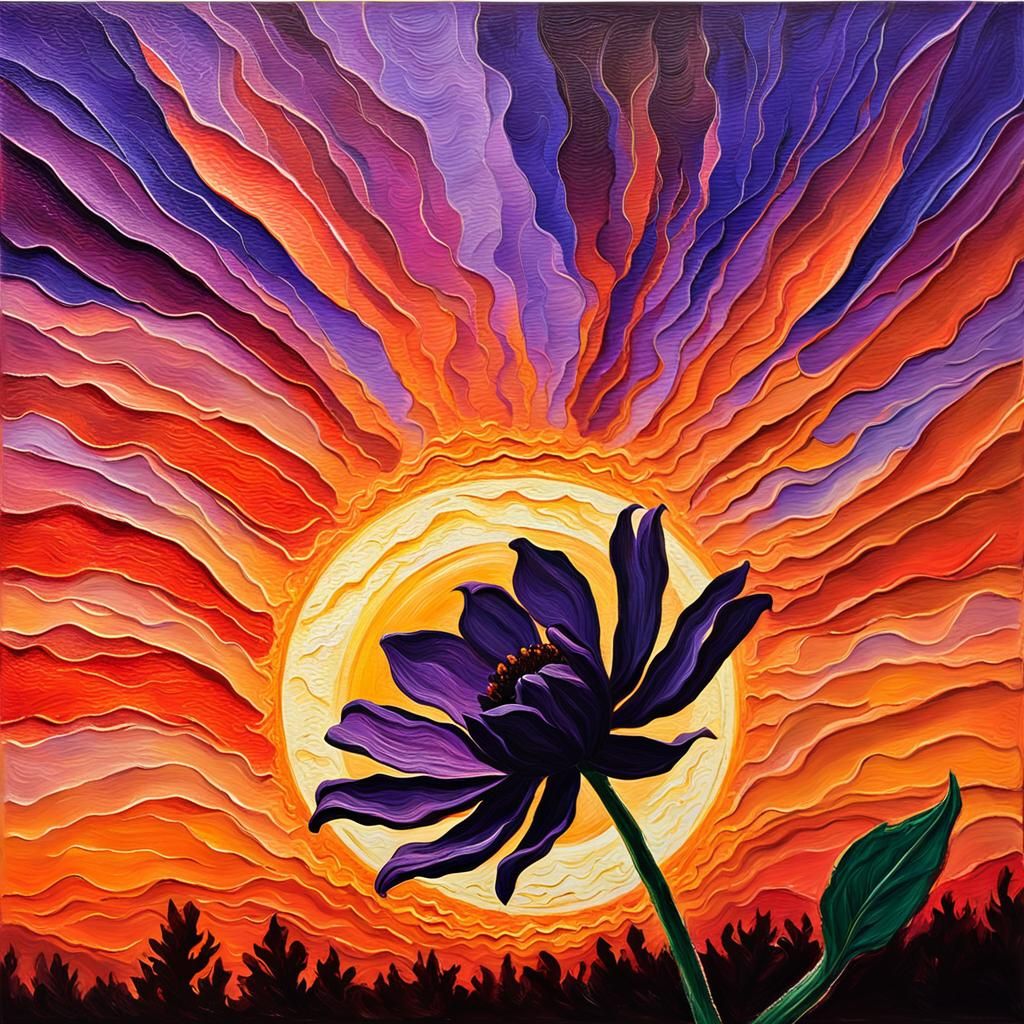 Silhouetted Flower at Sunset in Impasto Style