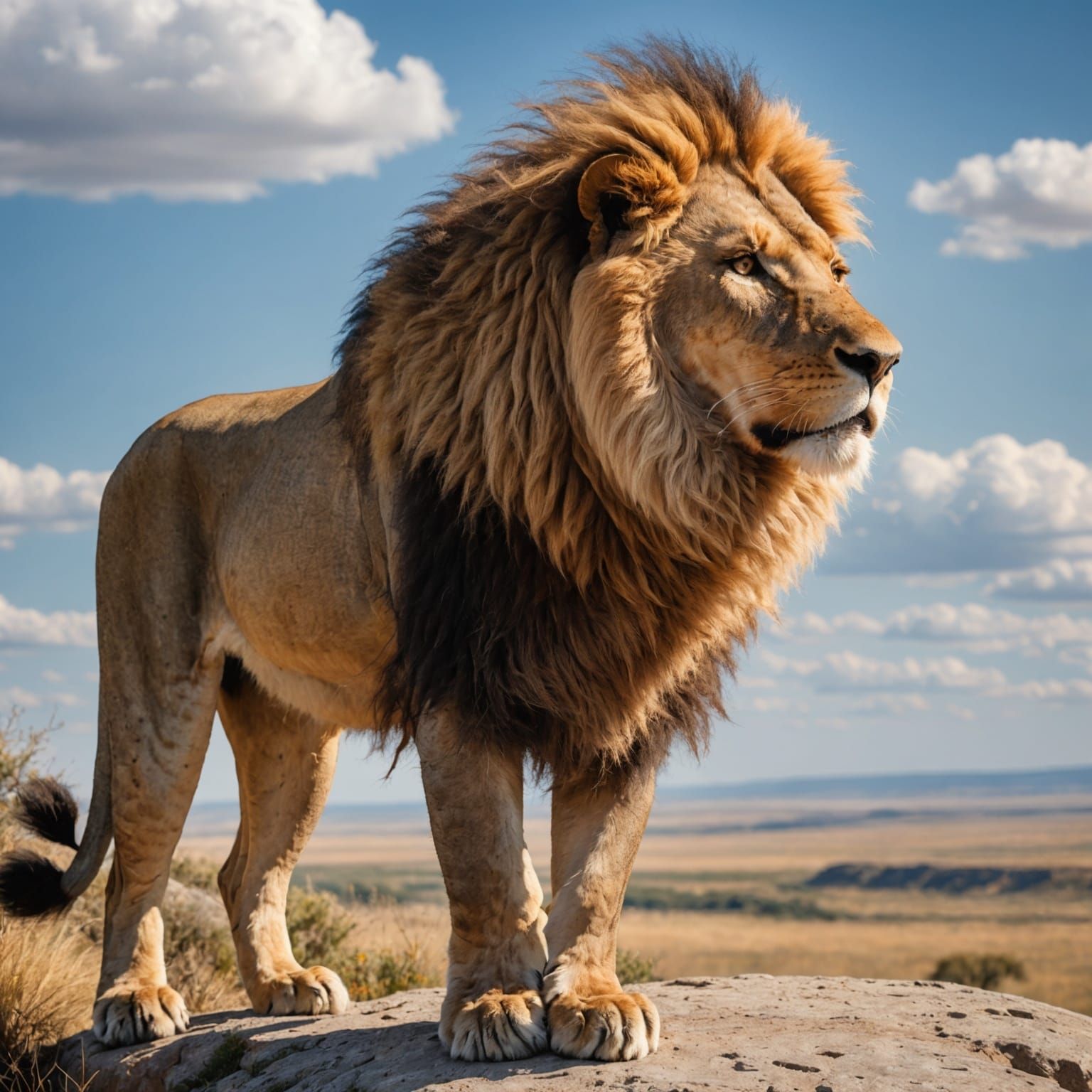 Majestic Lion Overlooking Prairie on Sunny Day