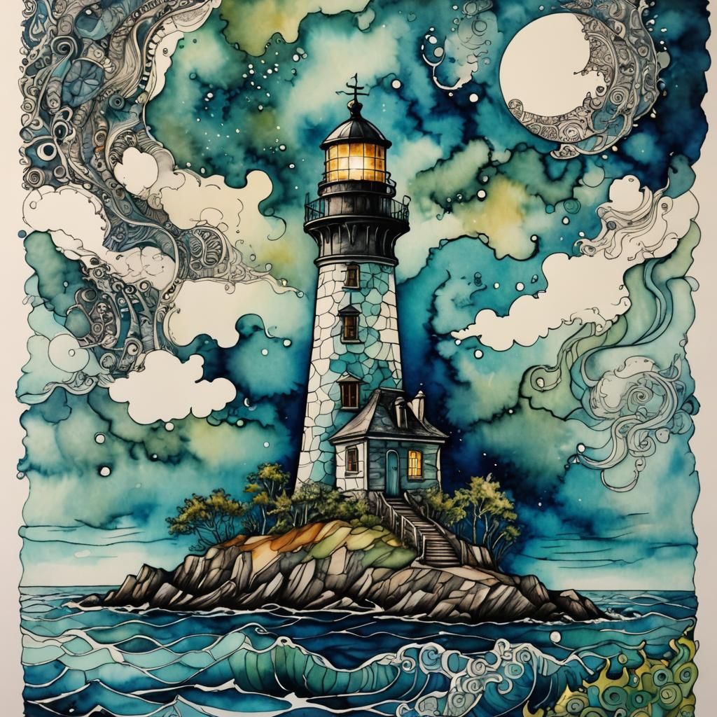lighthouse, OCEAN, mysterious, zentangle, fantasy, MAGICAL, ...