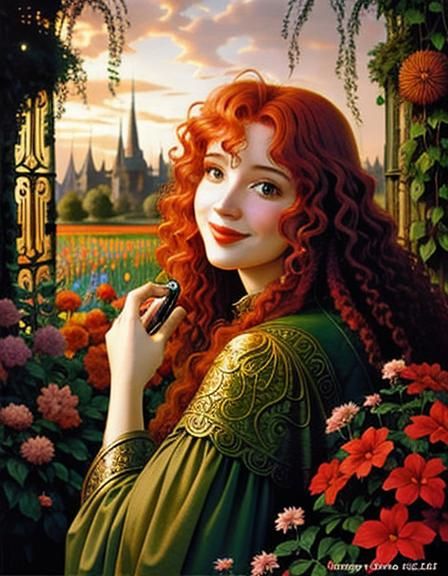 Sensual Redhead in Irradiated Garden, Cell Shading Art