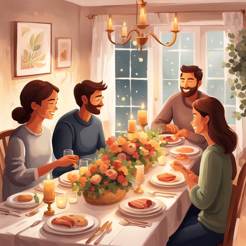Cozy Family Dinner Illustration in Warm Lighting