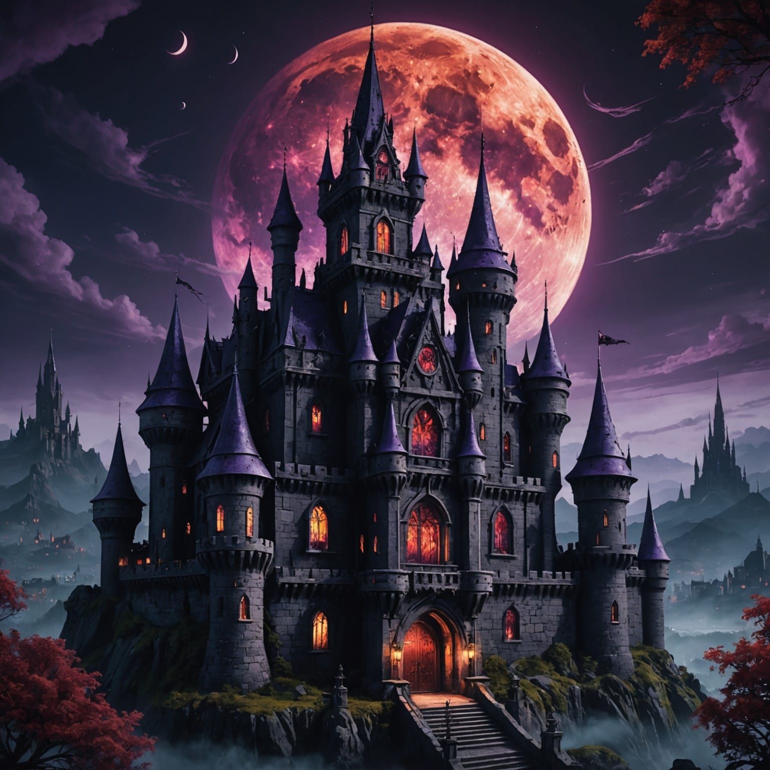 Evil Castle with Blood Moon in Anime Style