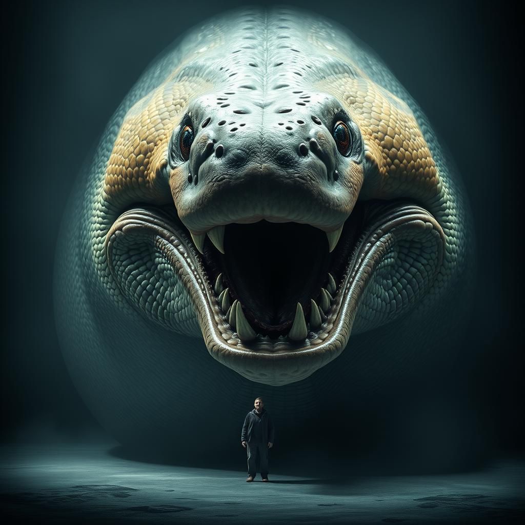 Gargantuan Moray Eel in Hyperrealistic Horror Style