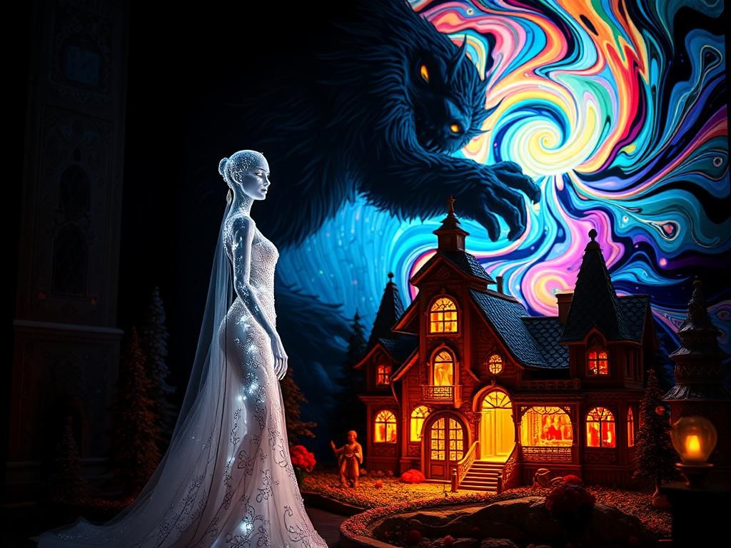 Luminous Spectral Figure in Dreamlike Glass Village