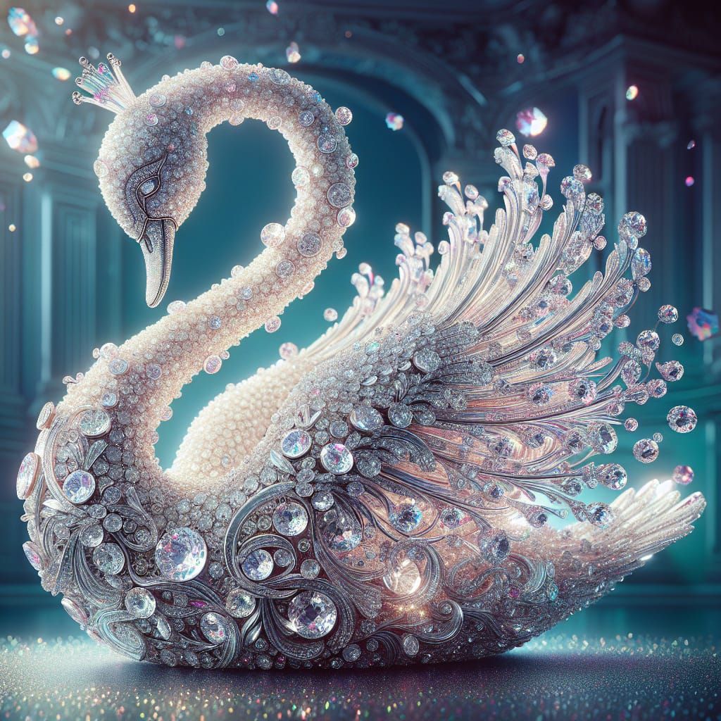 Dazzling Crystal Swan Sculpture in Hyperrealistic Style