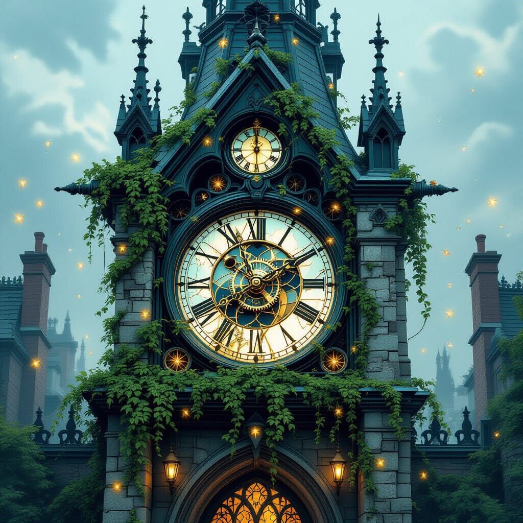 Gothic Clock Tower Merged with Nature