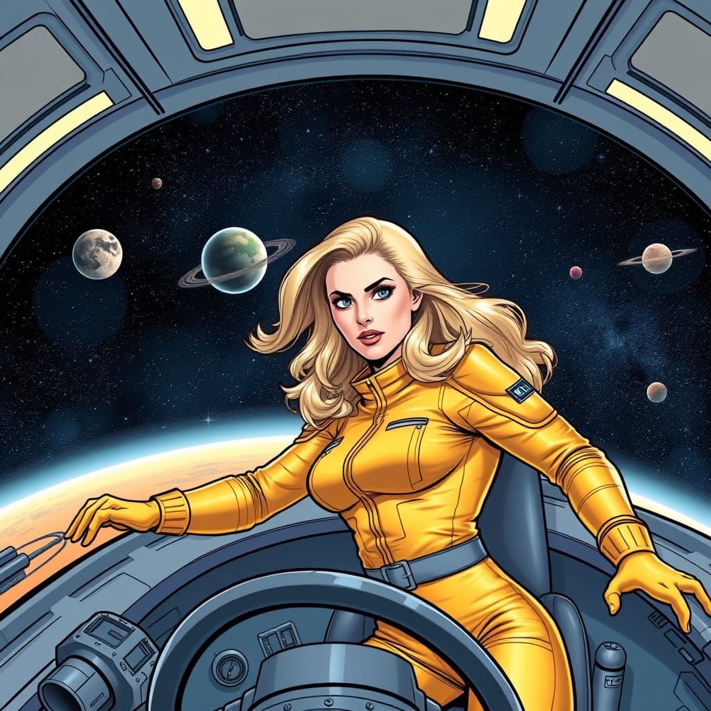 Blond Pilot Navigating Galaxy in Comic Book Style