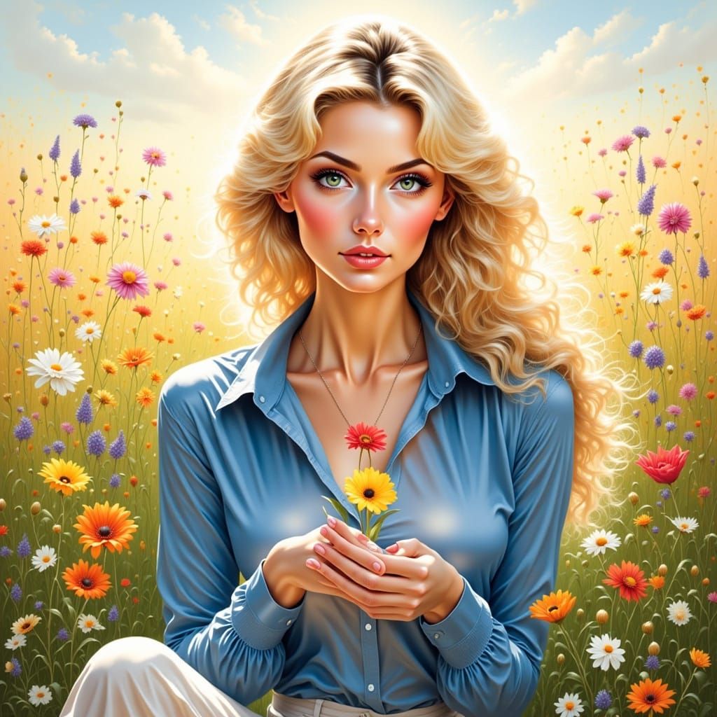 Lady in Wildflower Field with Thoughtful Expression