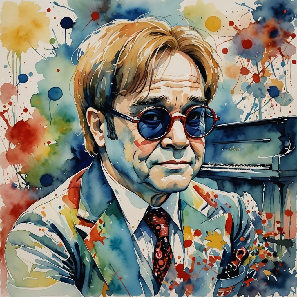 Watercolor. Elton John painted in the style of Hayao Miyazak...