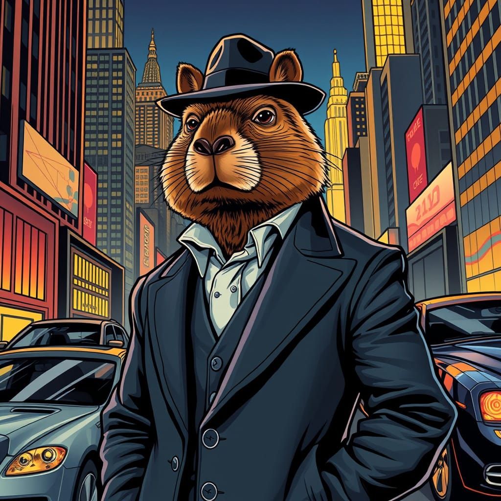 Sleek Art Deco Detective Capybara in Metropolis