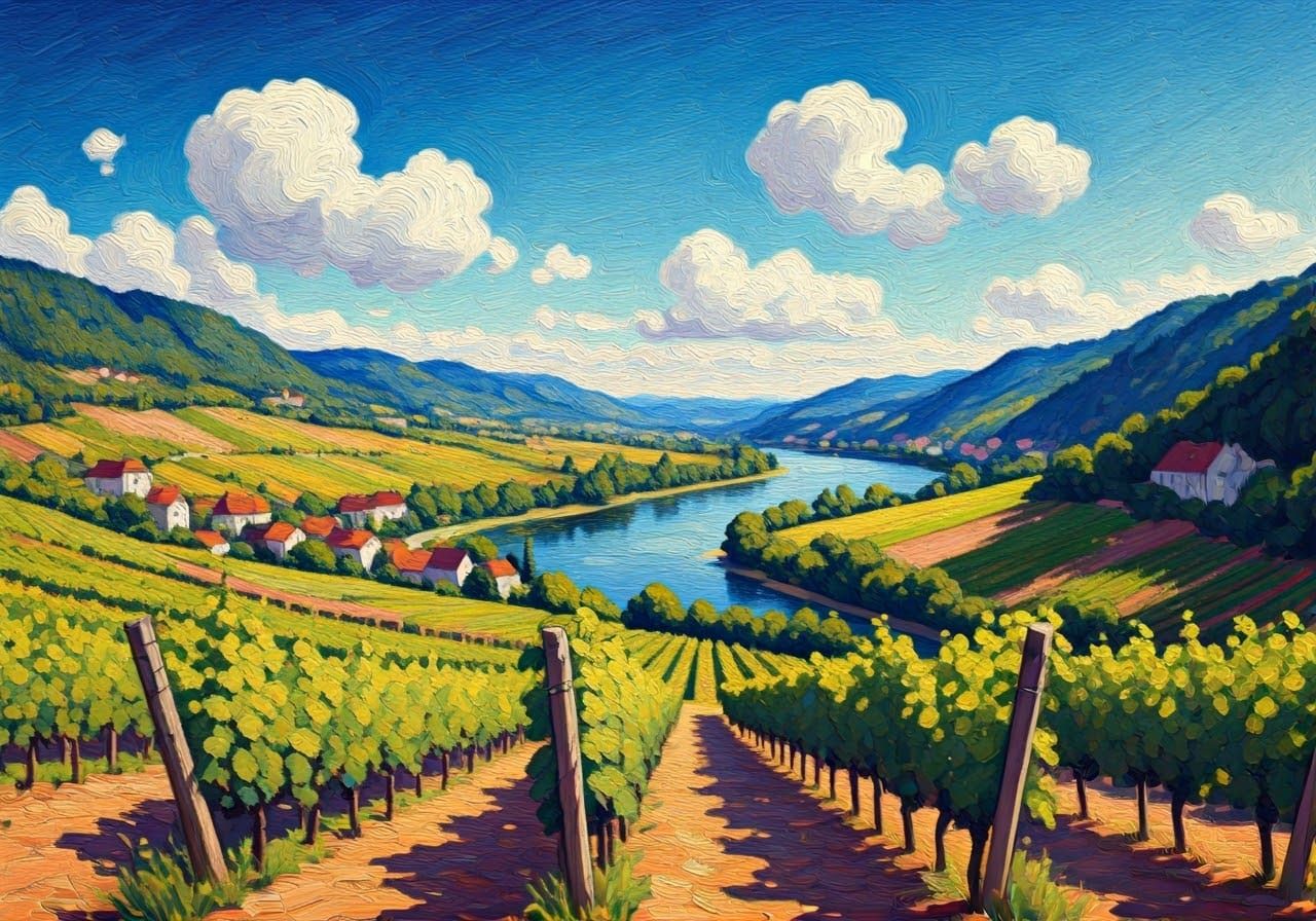 Fauvist French vineyard in a river valley