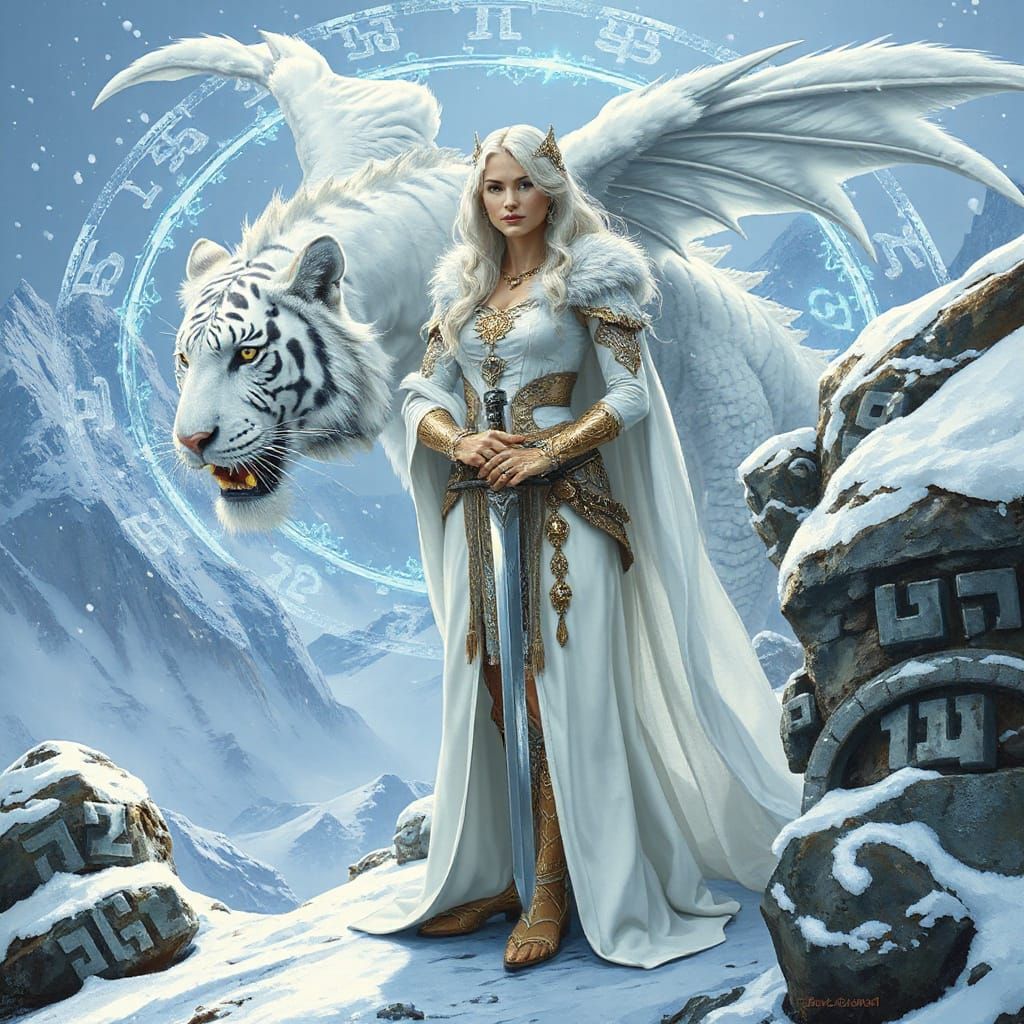 Celtic Warrior Princess with Tiger-Dragon in Fantasy Art