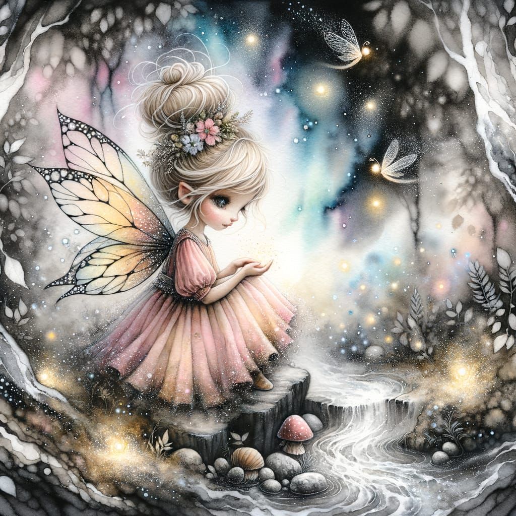 Watercolor and acrylic oil, fantasy art of a whimsical fairy...