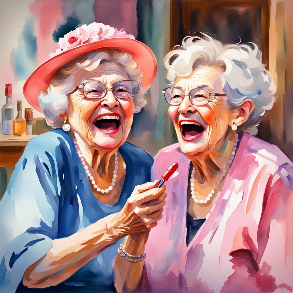 Laughing Ladies Try Pink Lipstick in Watercolor Style