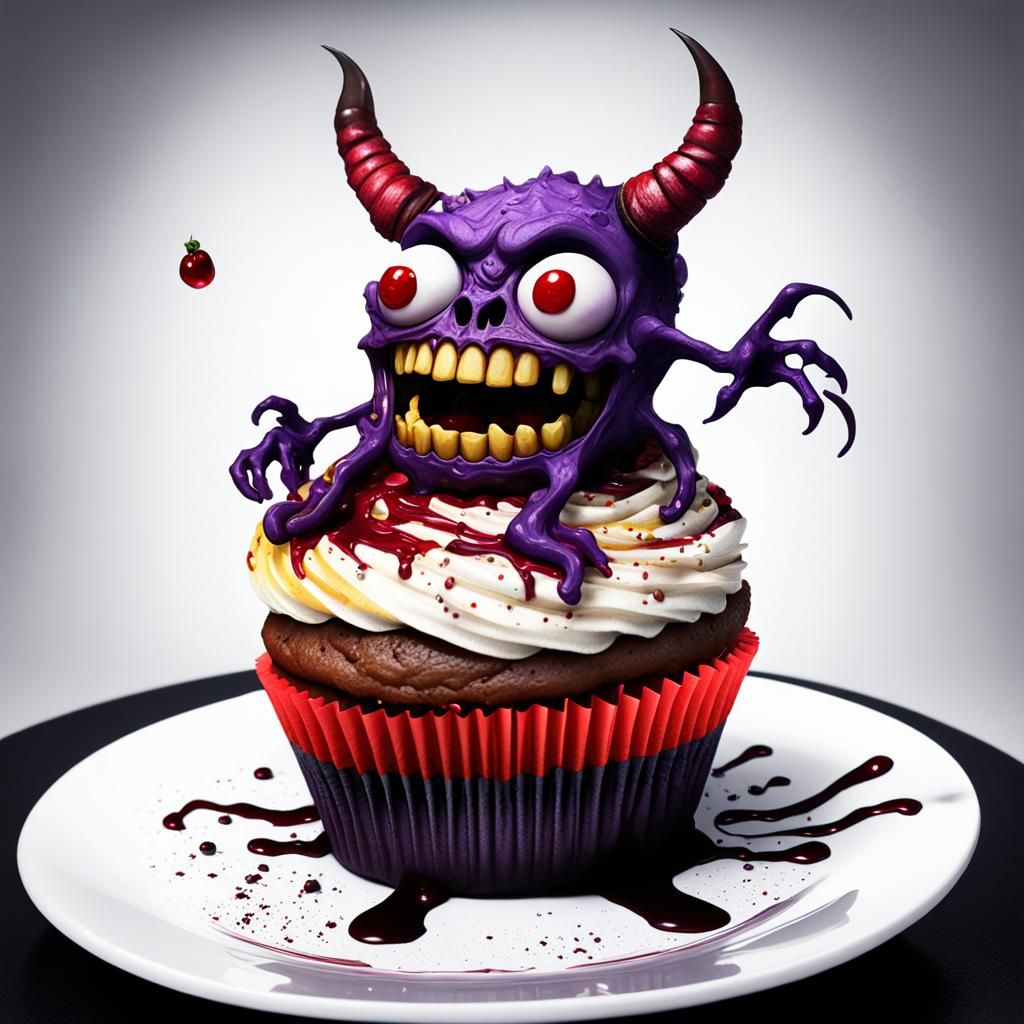 Demonic Cupcake Devouring Person: Dark Fantasy Art