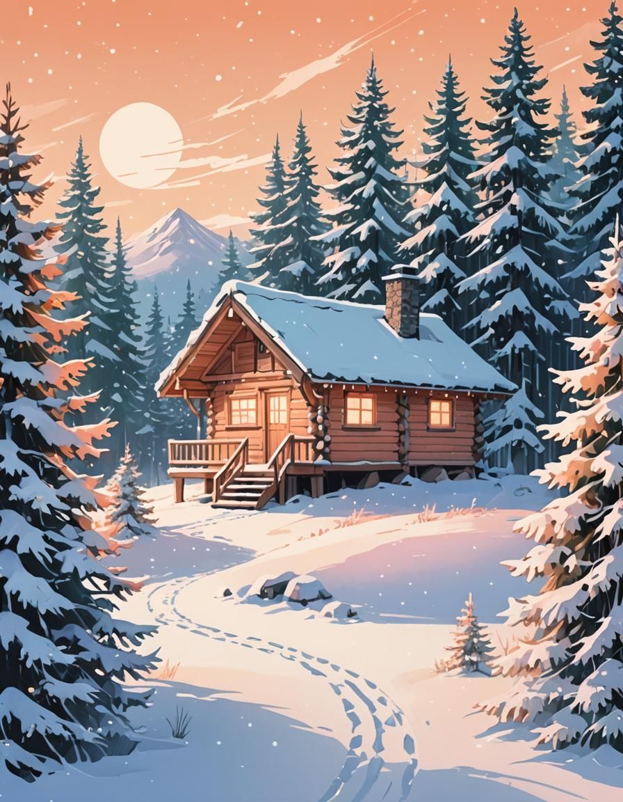 Snow Cabin in Anime Style with Gentle Snowfall