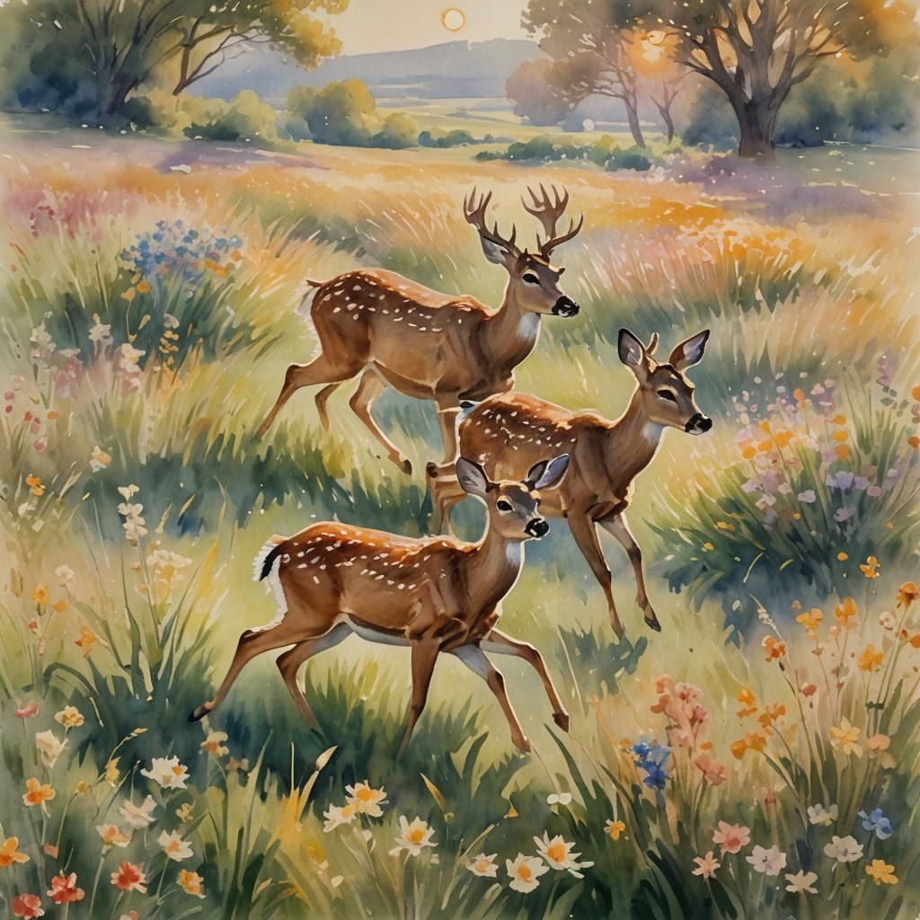 Deer Running Through Field in Impressionist Watercolor