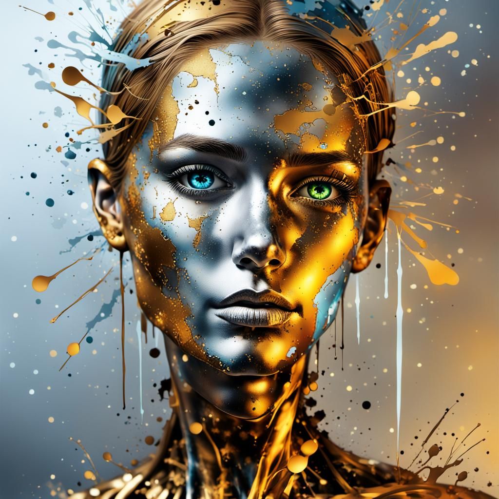 Ink Splatter Art: Cyborg Woman in Gold and Silver