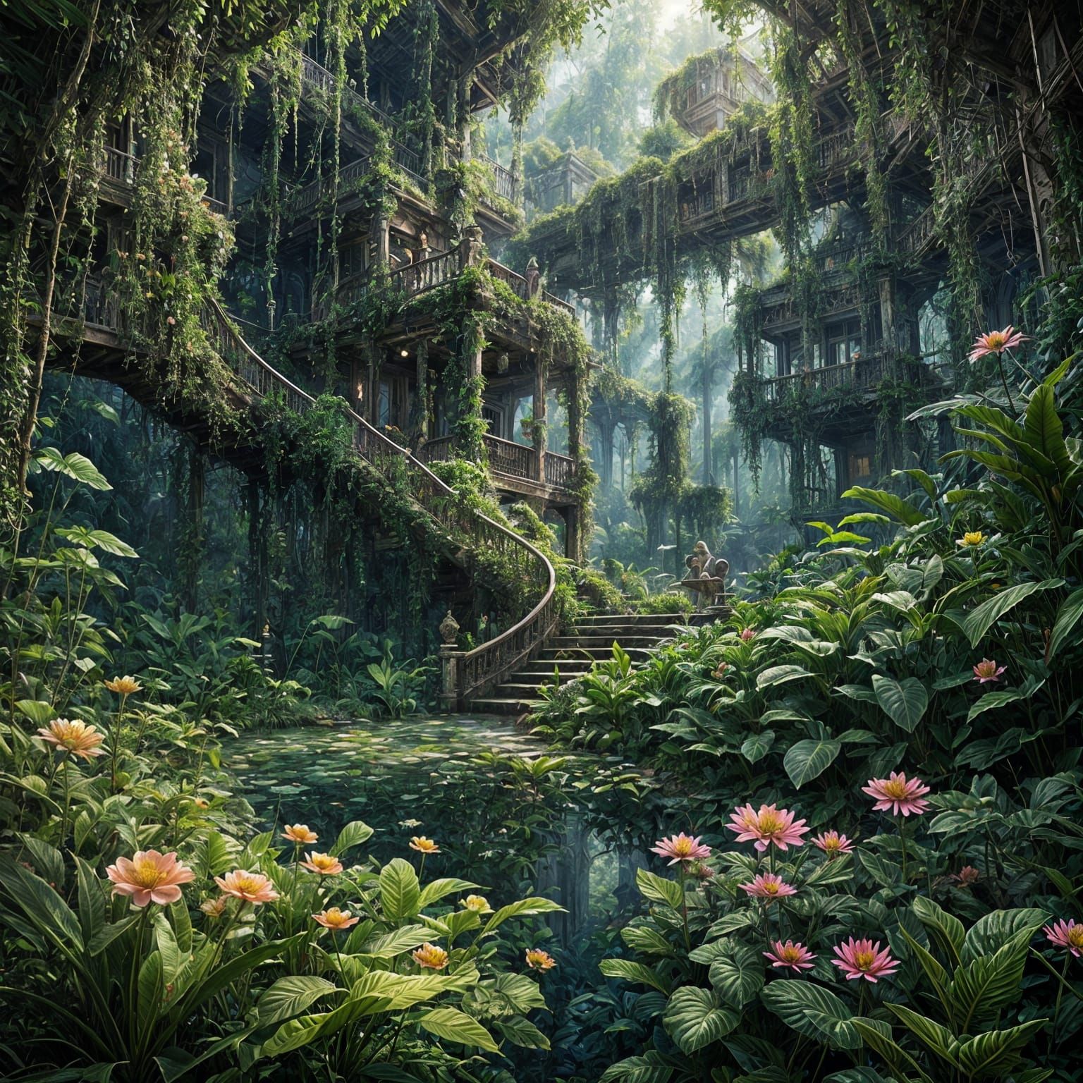 Intricate Mathematical Objects Float Amidst Vibrant Jungle