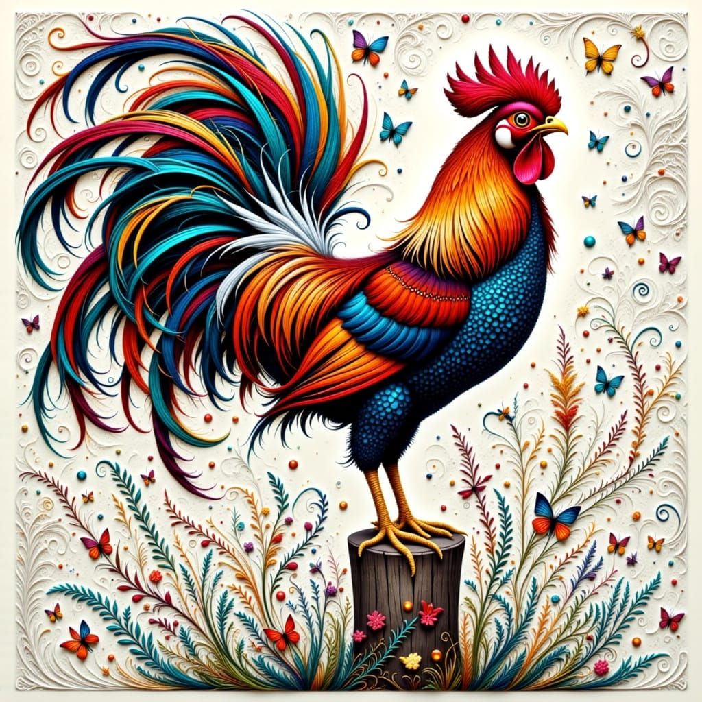 Iridescent Zentangled Rooster with Fireflies
