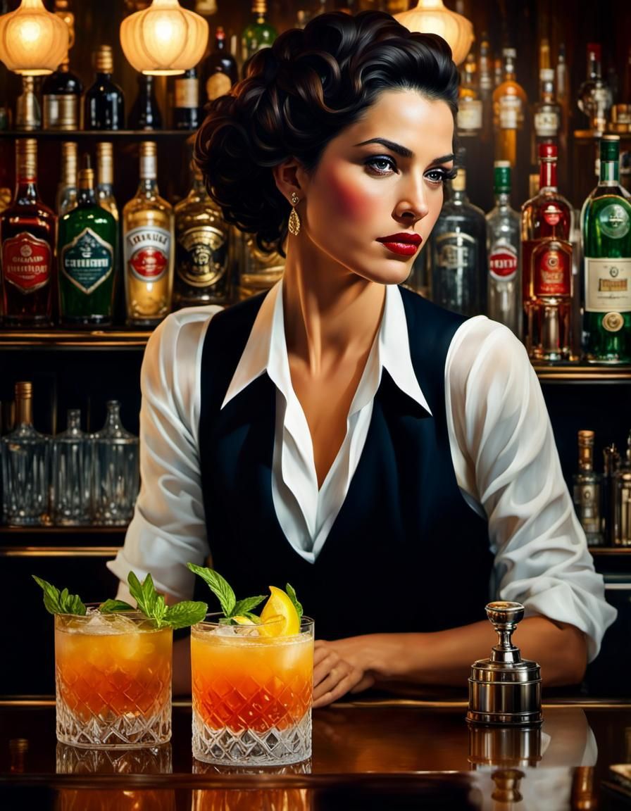 Hyperrealistic Bartender Making Cocktail Portrait