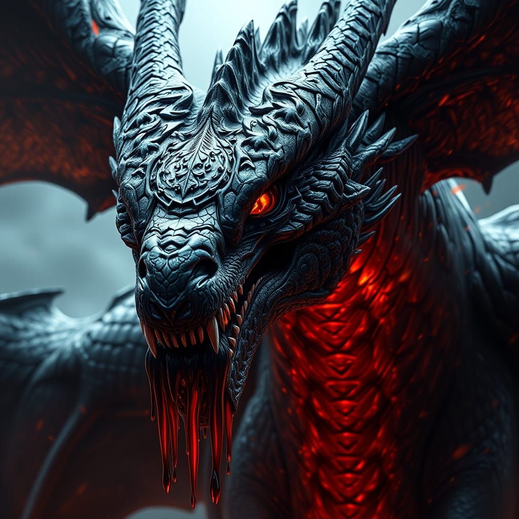 Mighty Black Dragon With Fiery Scales and Dripping Blood