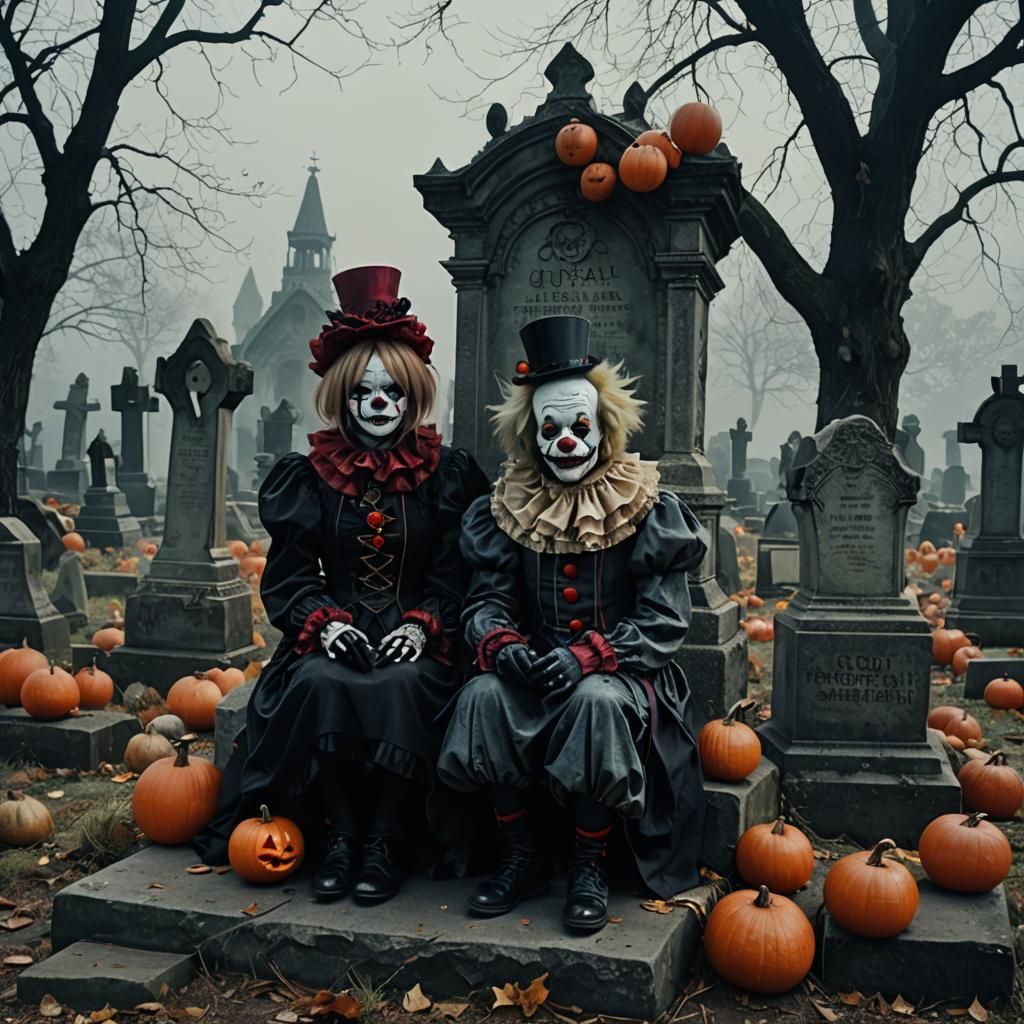 Gyaru Clowns in Graveyard: Gothic Horror Art