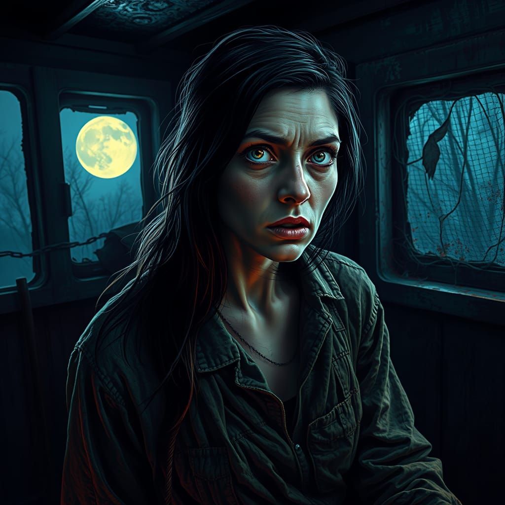 Woman in Cabin, Dark Fantasy Art Style