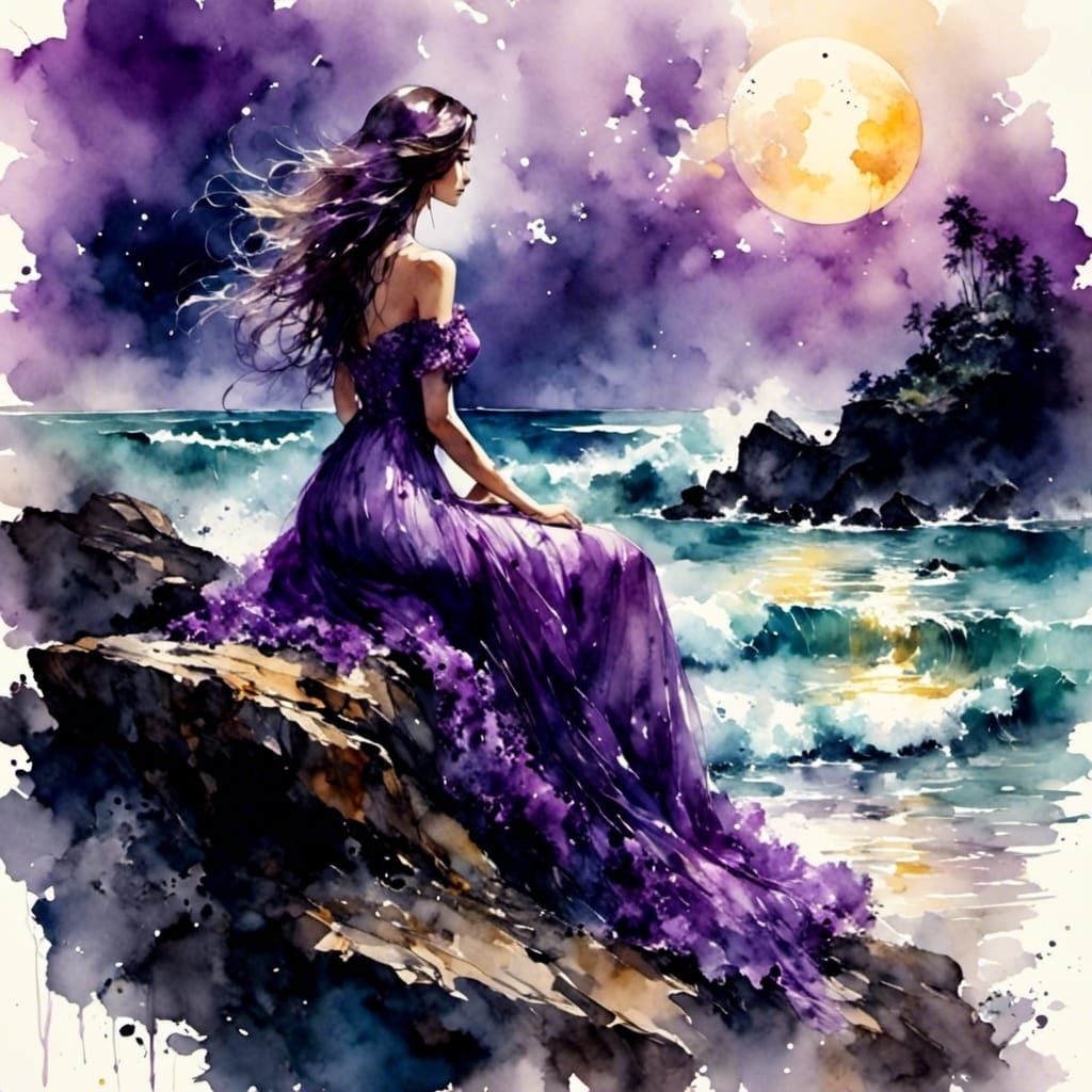 Elegant Woman on Rock at Dusk in Watercolor Style