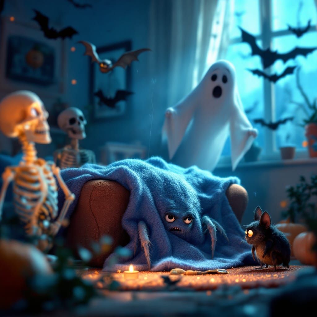 Cute Spider Scared in Haunted House CGI Illustration