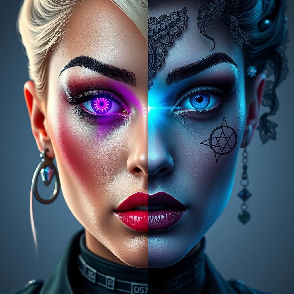 Cyberpunk Goth Woman: Split Face Portrait