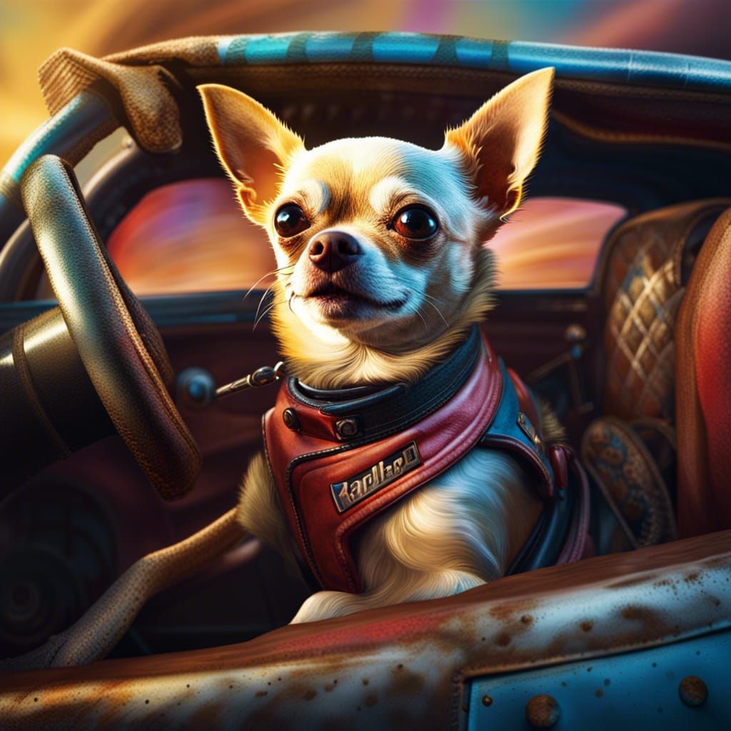 Chihuahua Dog Rally Driver in Hyperrealistic Splash Art