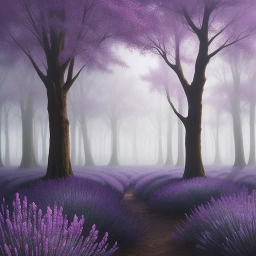 Enchanting Purple Mist Forest in Impressionist Oil Painting