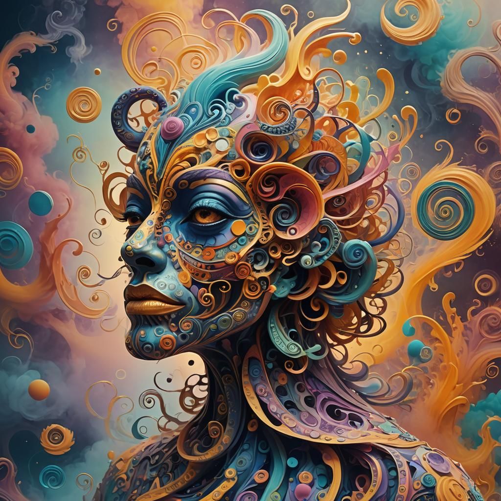 Surrealism. A creature made of swirling, vibrant funk music-...