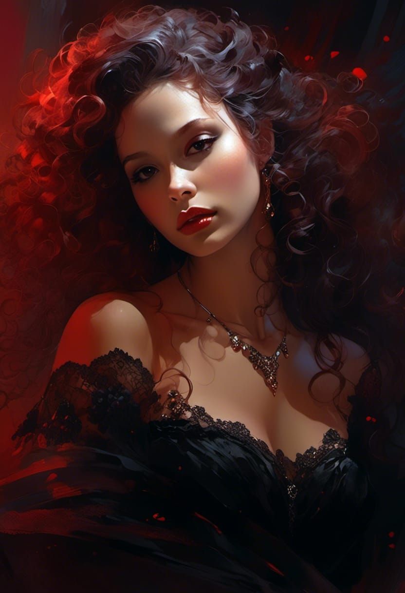 Red-Haired Princess with Black Lace Veil in Watercolor Style