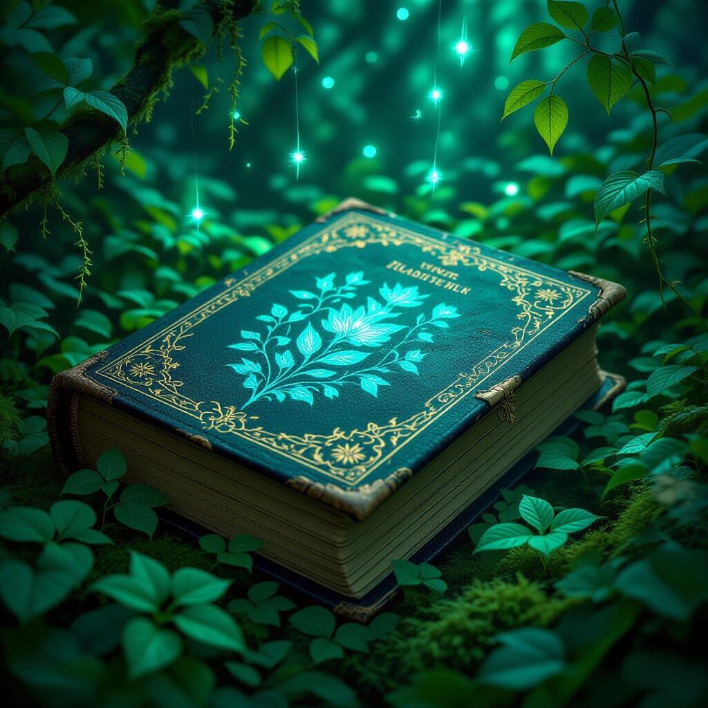 Enchanted Book in Lush Foliage with Bioluminescent Lights