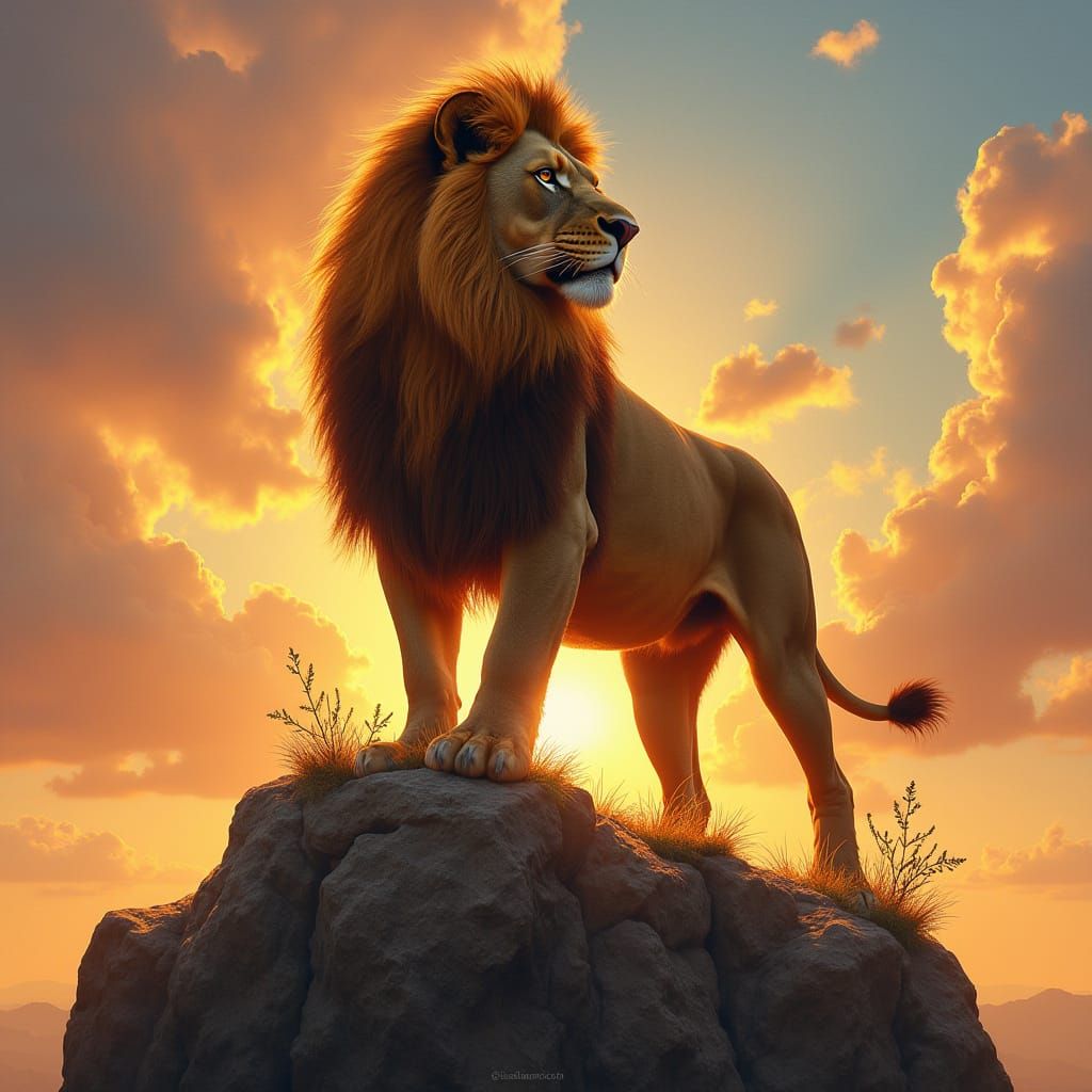 Lion's Majesty at Sunset: Photorealistic Wildlife Art