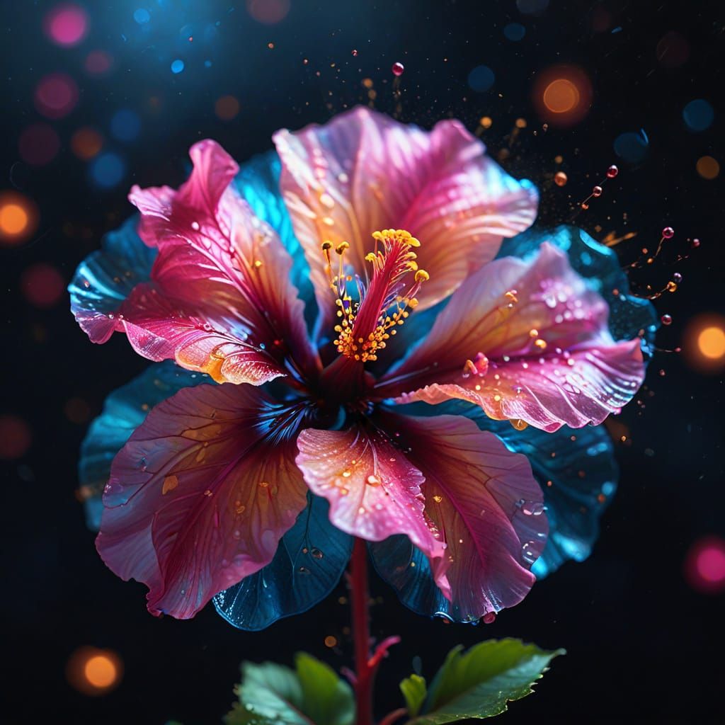 Surreal Transparent Hibiscus Flower with Glowing Polka-Dots