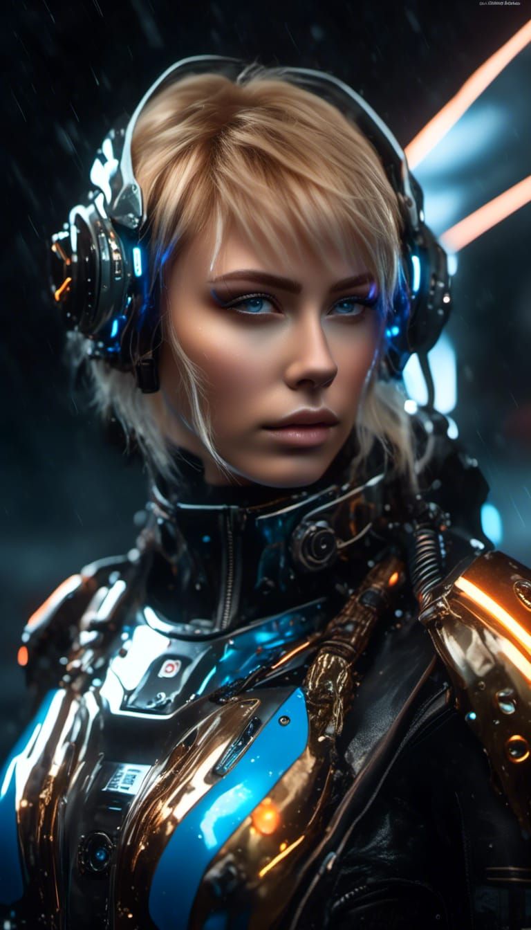Athletic Cyberpunk Mech Pilot in the Rain
