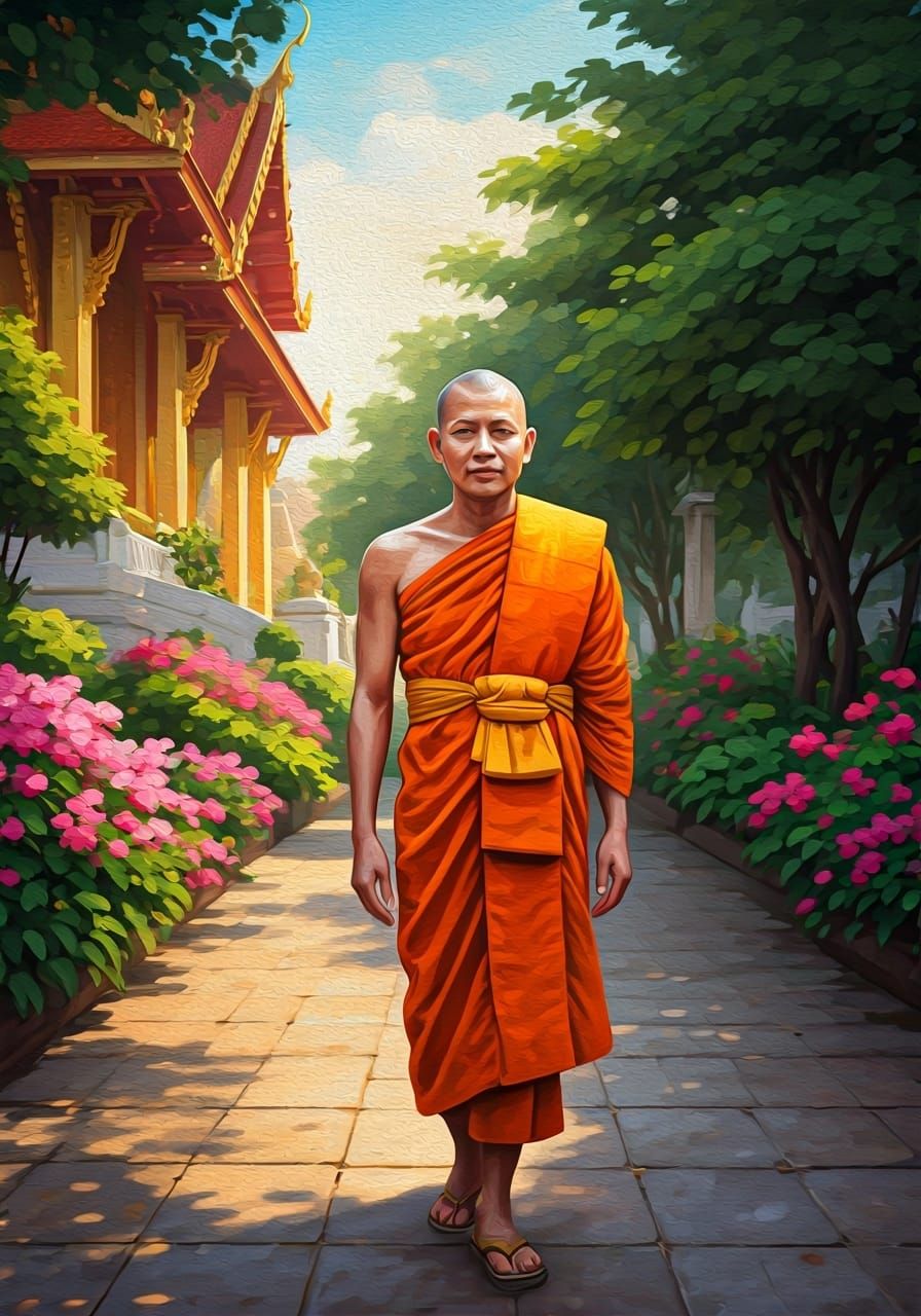 Thai Buddhist Monk in Garden, Oil Painting Style