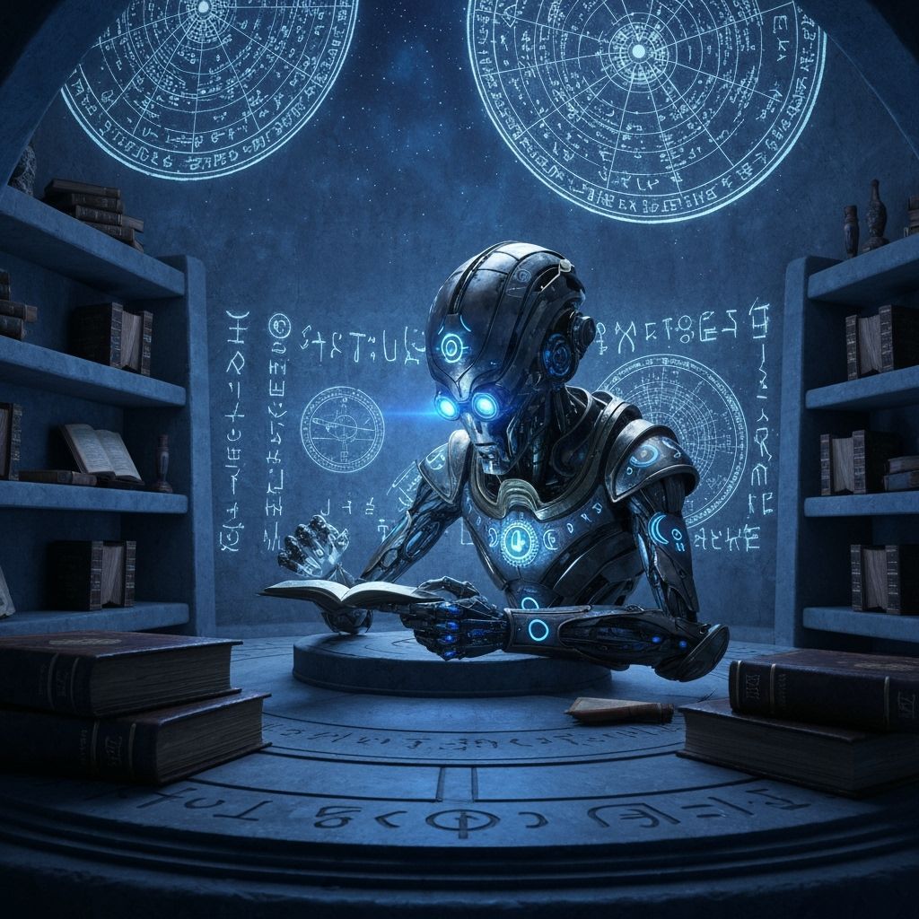 Robotic Sage Dusting Books in Astral Cosmic Style
