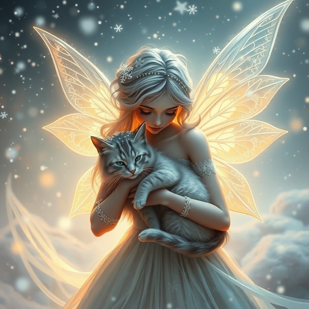 Fairy in Snowy Whirlwind, Cradling Furry Cat