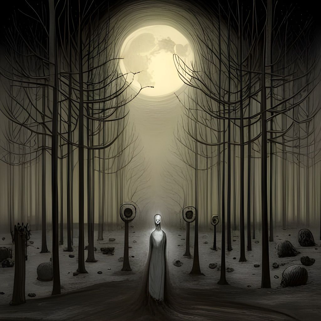 Moonlit Winter Forest with Statue, Dark Fairytale Art