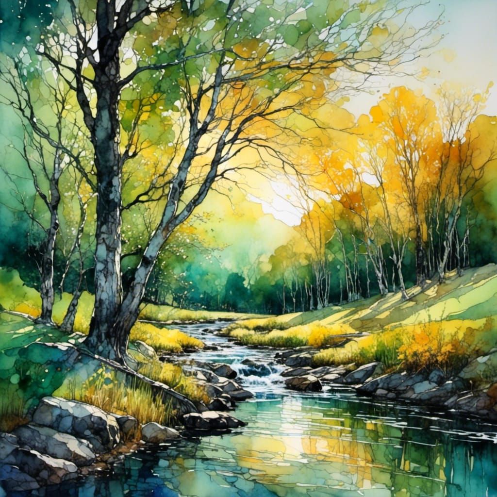 Impasto Watercolor Forest Landscape with Weeping Willow