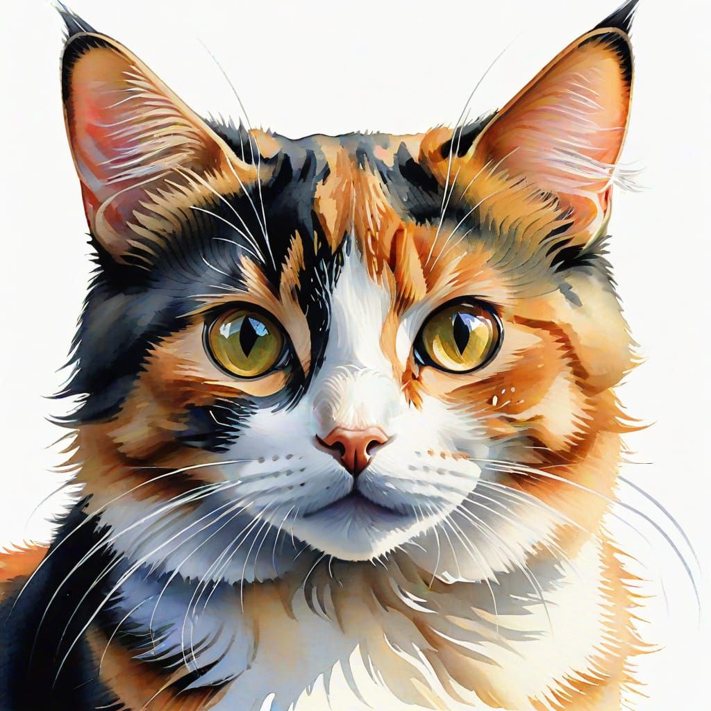 Calico Cat Portrait in Watercolor Style